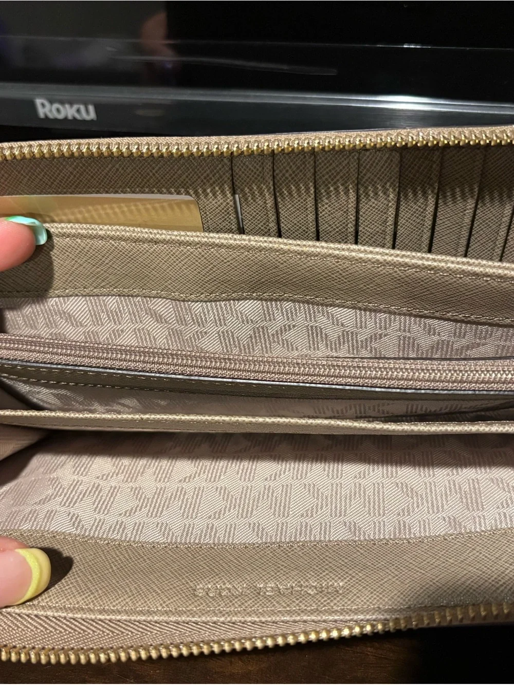 Michael Kors Saffiano Leather Zip Wallet in Blush Pink with Gold Logo